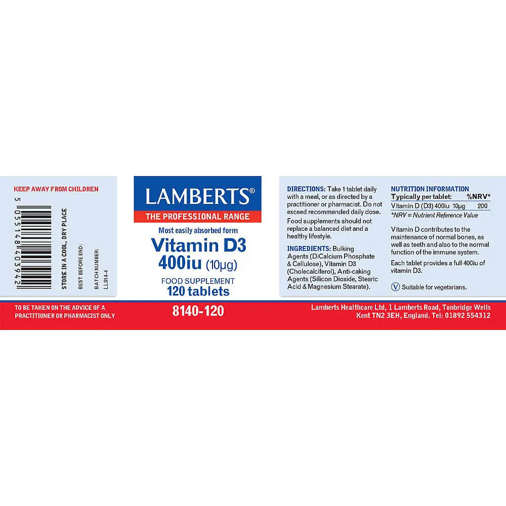 Lamberts Vitamin D3 (400iu), 120 tabs. - Image 2