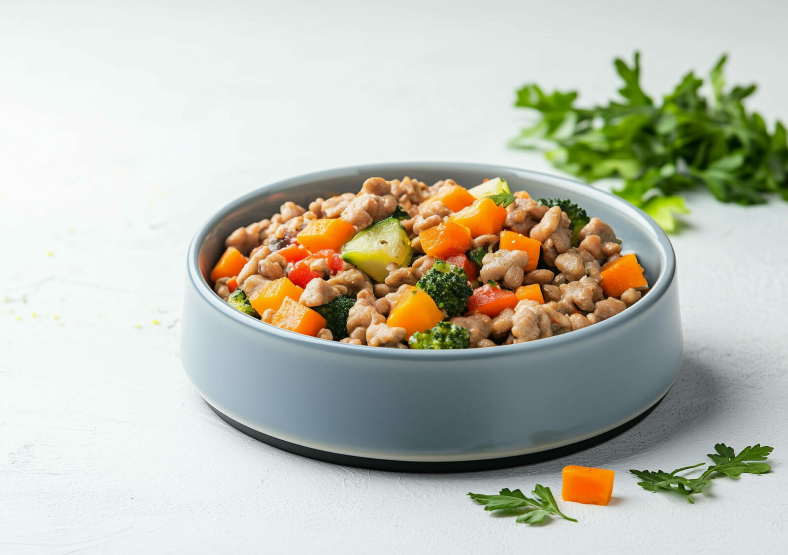 Homemade dog food with fresh ingredients and supplements